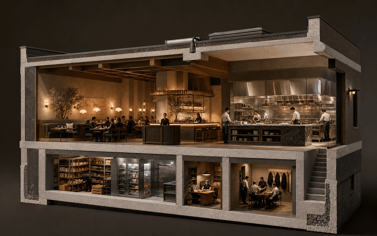An architectural cutaway of a restaurant showing the dining room, bar, kitchen, stock room and manager office